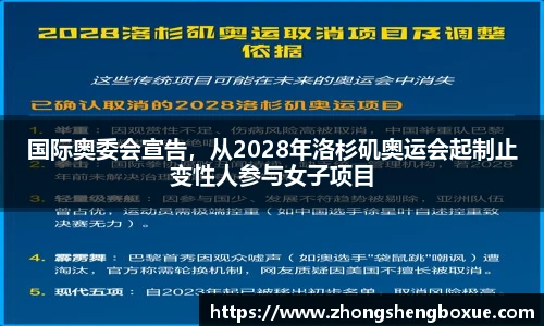 国际奥委会宣告，从2028年洛杉矶奥运会起制止变性人参与女子项目